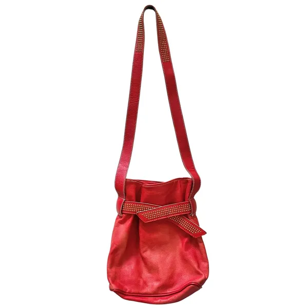 Vintage L.J. Simone Red Leather Glam Studded Belt Crossbody Hobo Bucket Bag - Image 10