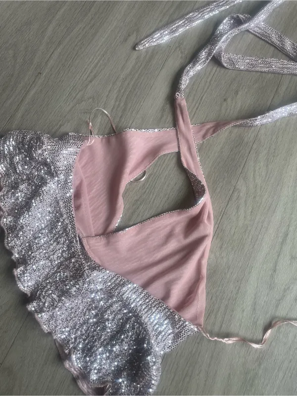 Bershka Silver Sequin Halter Crop Top - Image 2