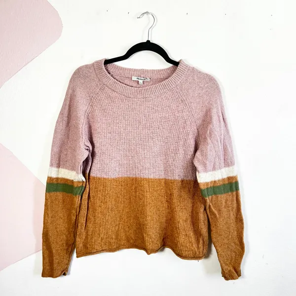Madewell Striped Roll Trim‎ Waffle Knit Sweater Sz Medium Cotton Merino Wool - Image 2