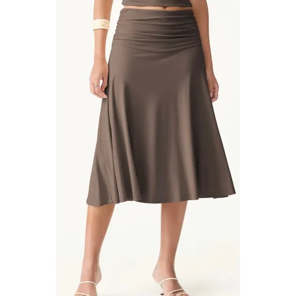 OGL Women's Size XL Iced Mocha Flowy Side Ruched A-Line Midi Skirt Casual - Image 2