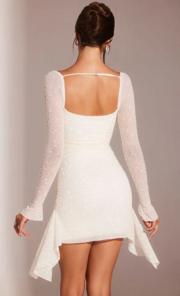 Oh Polly TIVOLI Long Sleeve Embellished Cowl Neck Mini Dress in White - Image 2