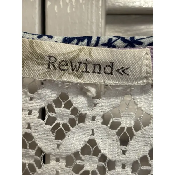 Rewind Floral Roll Tab Sleeve Chiffon Blouse Crochet Tie Neck‎ Size M Blue/White - Image 2