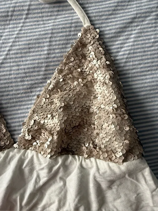 Edikted Hallie Sequin Halter Tank Top in Cream and White - Women's, size M - Image 4