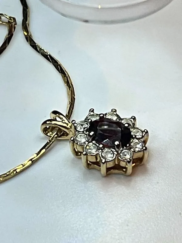 Gold Ruby Red Oval Gemstone Halo Pendant Necklace - Image 7