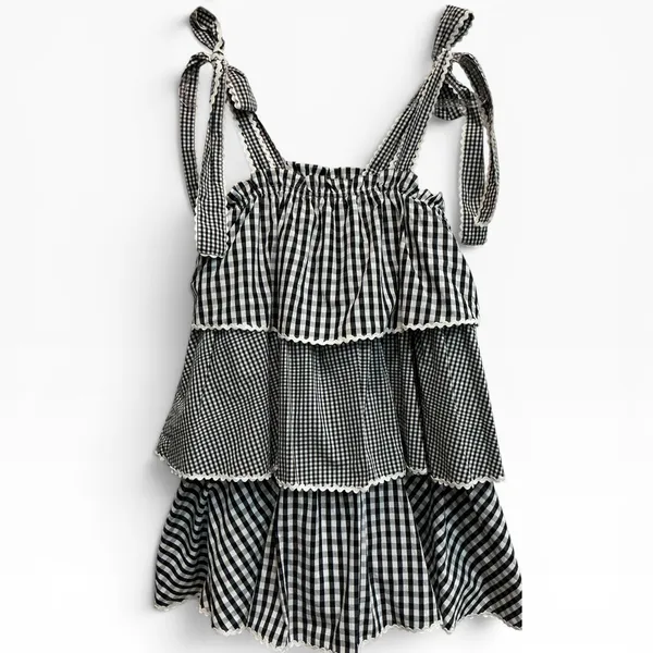 Hyacinth House‎ Donna Gingham Tiered Mini Dress Black White Ric-Rac XS - Image 3
