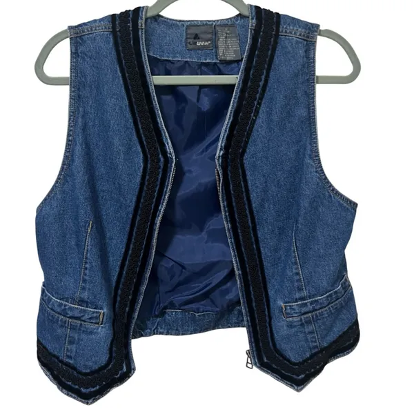 Vintage 90s Lizwear Cropped Denim Vest Small Velvet Trim - Image 2