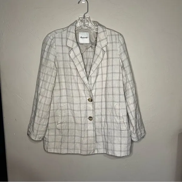 Madewell‎ Dorset Linen Cotton Windowpane Tan Blue Two Button Blazer - Image 4