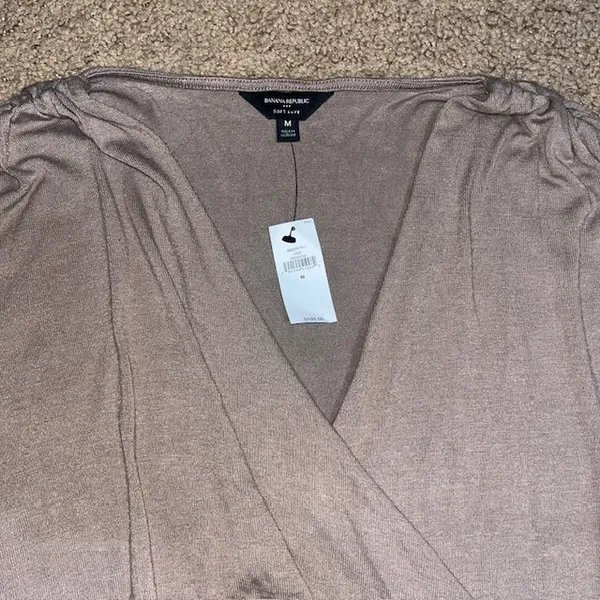 Banana Republic Soft Luxe‎ Ruched Faux Wrap Midi Dress Mocha Latte Medium - Image 4