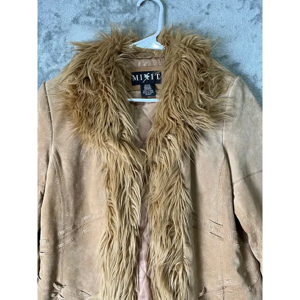 Vintage Penny Lane Leather Coat Faux Fur Y2K Hippie M Petite Boho Chic Festival - Image 2