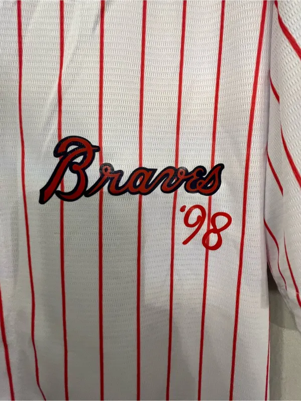 98’ Braves wallen 98White Button Baseball Jersey with Red Pinstripes - Image 3