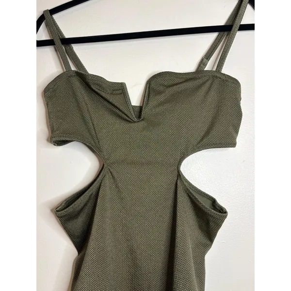 Aerie Real Good‎ Olive Green Textured V-Wire Cut-Out One Piece Swimsuit Large - Image 3