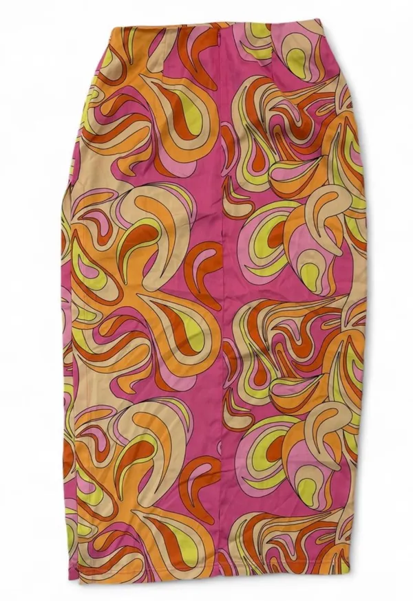 Meshki Frankie Two Tone Skirt Pink & Yellow Swirl Psychedelic Print Medium - Image 7