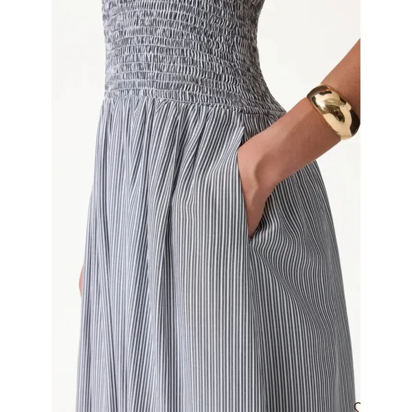OGL Green White Striped Smocked Midi Bra Dress Mizzle Green Large New - Image 4