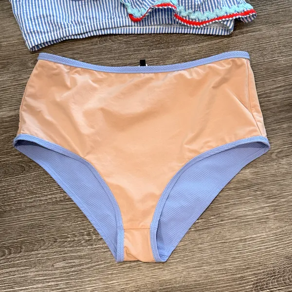J. Crew seersucker one shoulder ruffle bikini set high waisted blue white Medium - Image 6