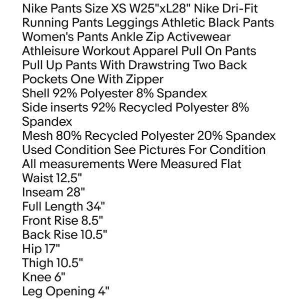 Pants Size XS W25"xL28" Dri-Fit Running Pants Leggings Athletic Black - Image 2