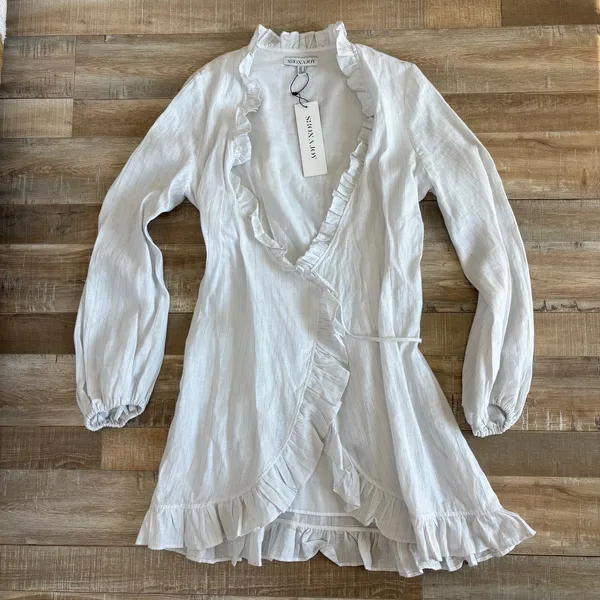 Shona Joy Holden Wrap Dress White Gold Lurex Linen Size 6 - Image 2