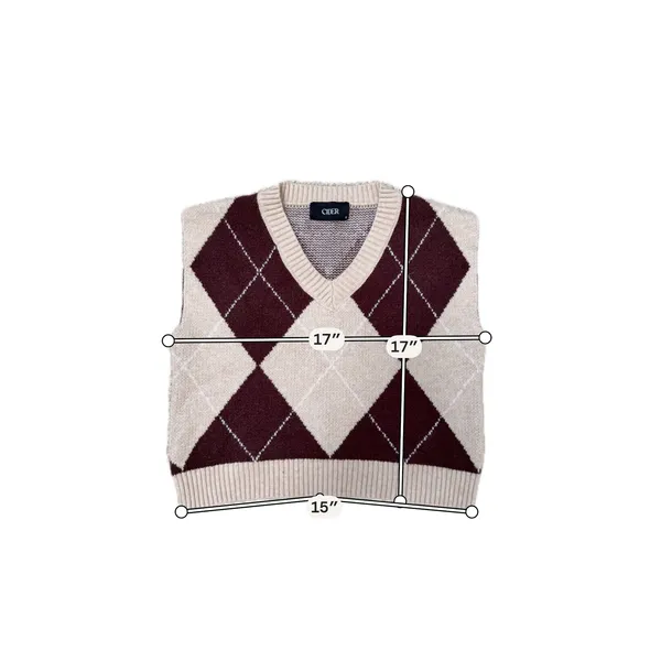 Preppy Argyle Sweater Vest Dark Academia V Neck Knit Cider Small - Image 5