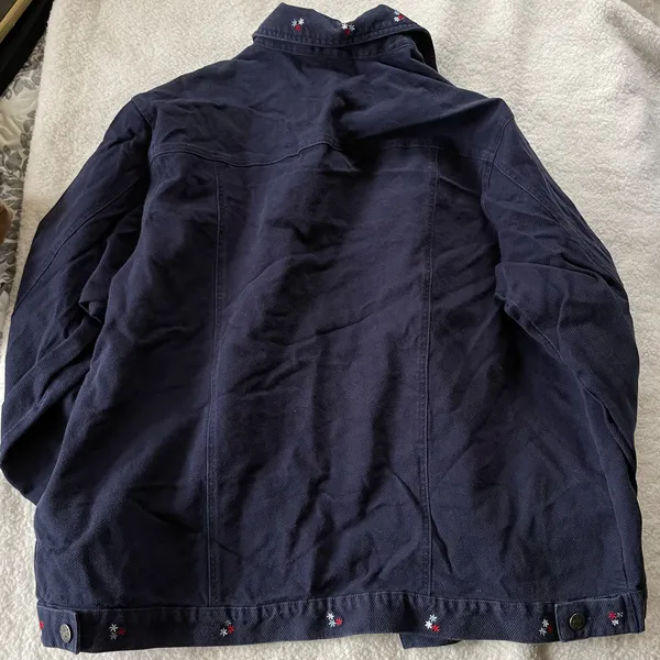 Denim & Co Navy Blue Jean Jacket Embroidered Flowers Red White Blue Patriotic 1X - Image 6