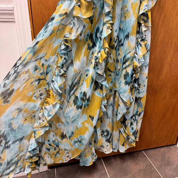 MISA Los Angeles Alessandra Sleeveless Ruffle Midi Dress Blue Yellow Medium - Image 6