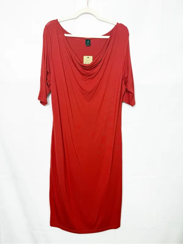 Peruvian Connection Draped Neck Stretch Jersey Midi Dress Rust Red Minimalist - Image 3