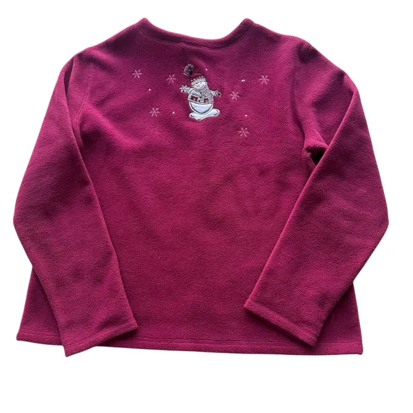 Vintage‎ Snowman Christmas Button Up Fleece Cardigan Burgundy Size Large - Image 6