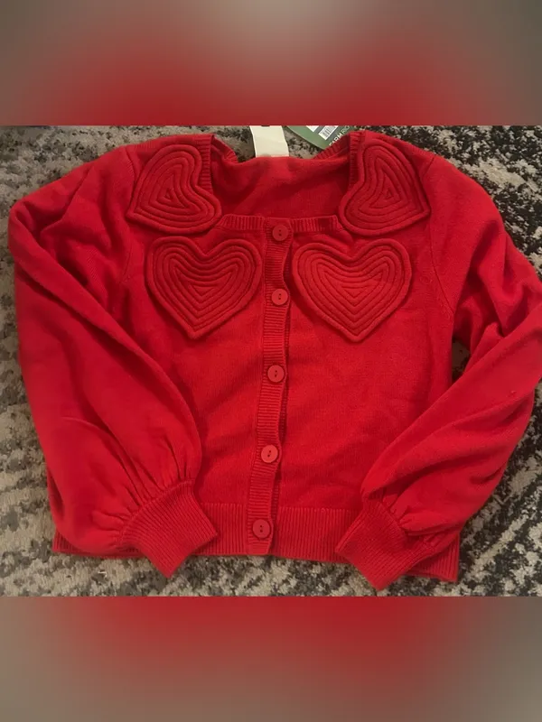 Farm Rio Wool & Cashmere Blend Red Heartful Knit Cardigan - Image 11