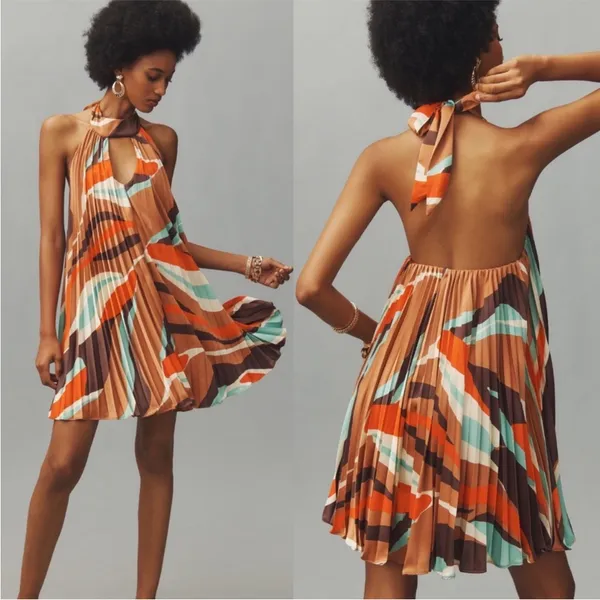 Anthropologie Hutch Halter‎ Pleated Swing Mini Dress Orange Blue Brown M NWT - Image 3
