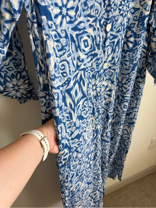 Zara Blue Printed Midi Shirt Dress Button Front Flowy Medium - Image 6