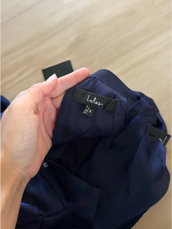 LULU’S Distinctive Charm Navy Satin Asymmetrical Midi Dress - Image 7