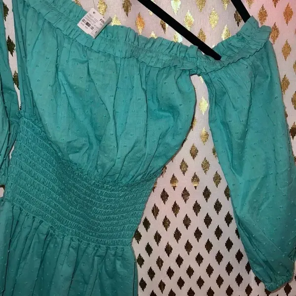 Rays for days mini dress teal blue off shoulder ruched size M - Image 9