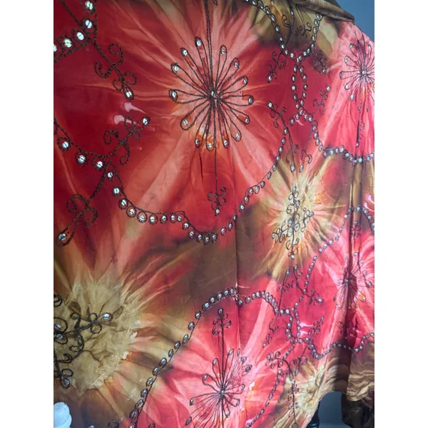 Boho Tie Dye Floral Embroidered Sequin Fringe Shawl Scarf brown red whimsigoth y - Image 3