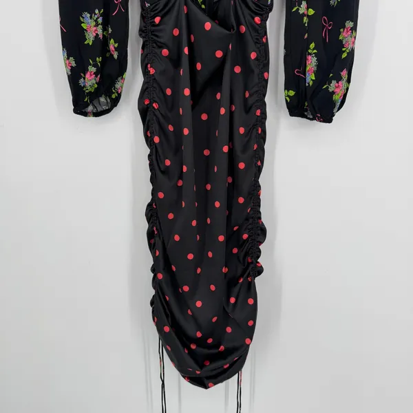 For Love‎ & Lemons Wilson Print Dress Small Black Floral Polka Dot Ruched Mini - Image 5