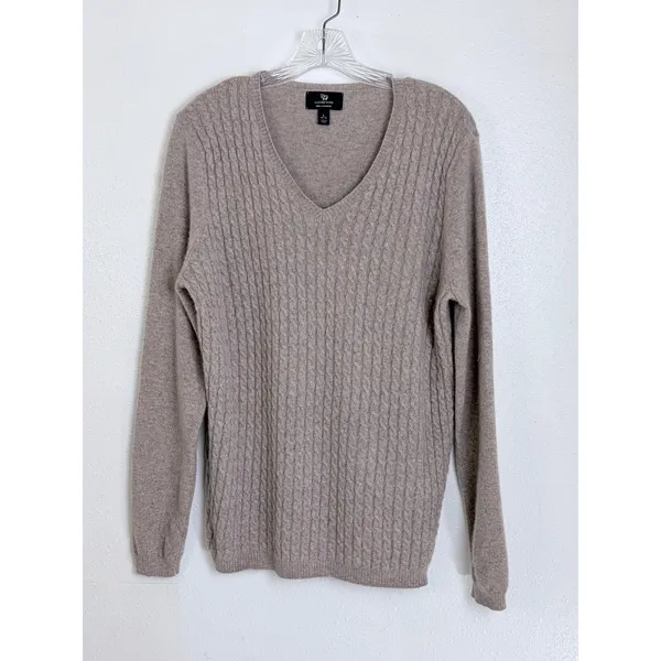 Heather Brown Cashmere Cable Knit V-Neck Sweater Taupe Lands' End L 14-16 - Image 2