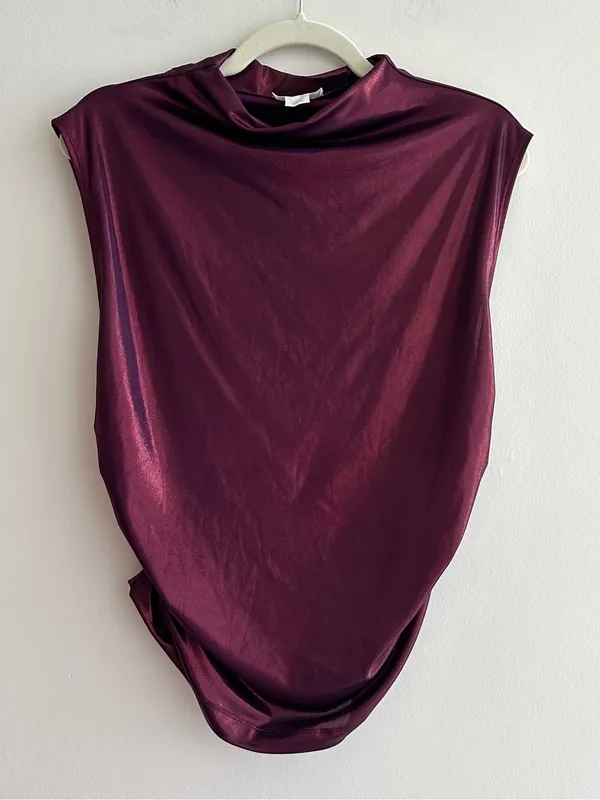 Maeve by Anthropologie Mock-Neck Ruched Shine Tank, Plum/Prune, Size Large - Image 3