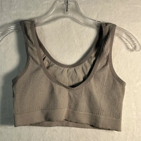 Lucky Brand Ribbed Knit Crop Tank Top Women's Taupe‎ Gray Color Button Front - Image 2