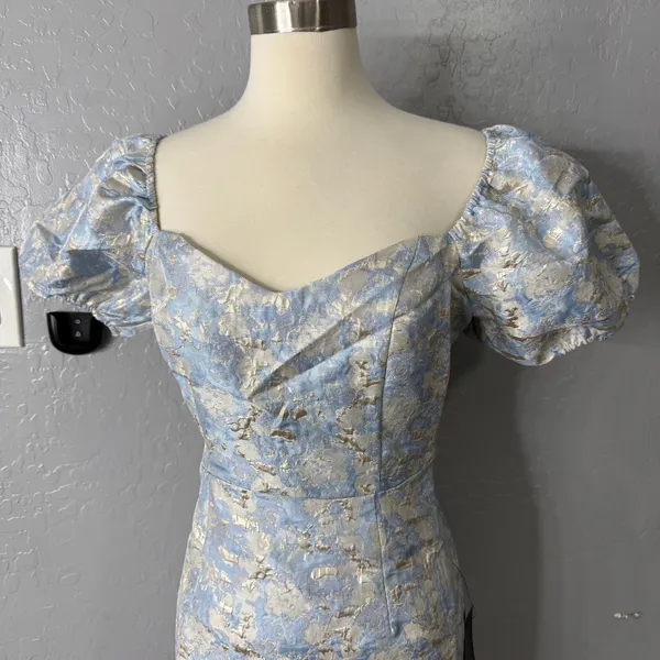 Lulus Cutest Praise Light Blue Floral Jacquard Puff Sleeve Mini Dress, M - Image 3