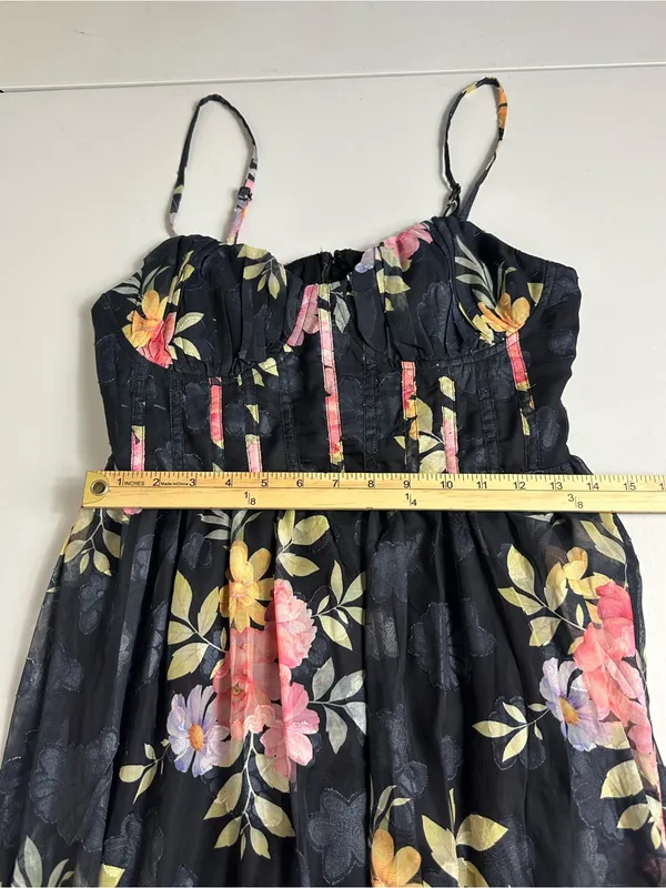 Lulus Elegant Radiance Classic Black Floral Print Ruffled Bustier Midi Dress M - Image 10