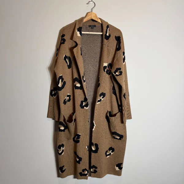 J. Crew Ella Leopard Open-Front Long Sweater-Blazer Women's Medium Brown Wool - Image 4