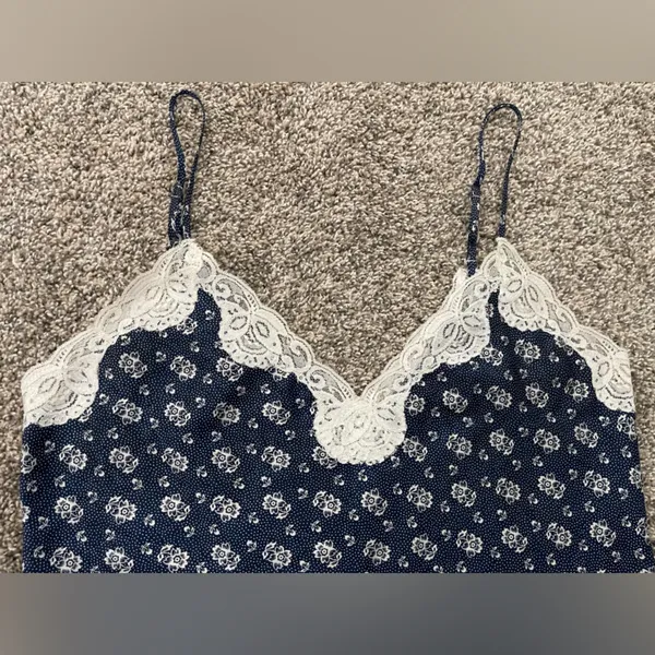 Vintage Gold Label Victoria’s Secret Lace Floral Slip Mini Dress Navy Blue Sz M - Image 2