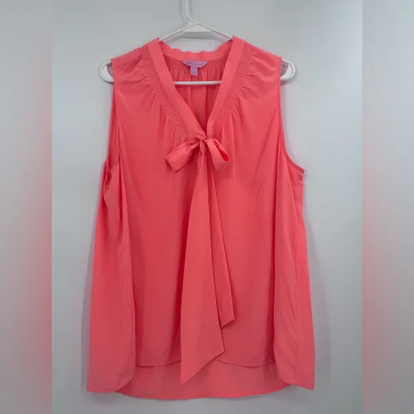 Lily Pulitzer Coral Sleeveless Bow Tie Blouse 100% silk - Image 7