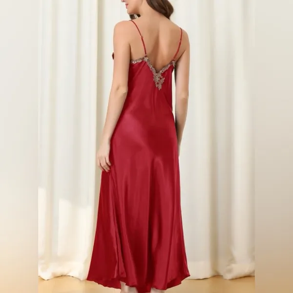 Elegant Vintage Red Satin Maxi Slip Dress Lace Trim Sleepwear Women’s Sz S EUC - Image 2
