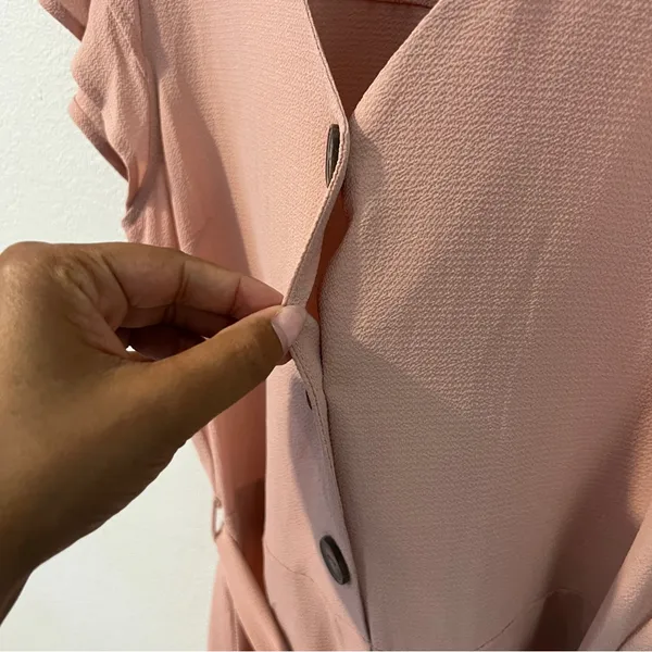 Monteau‎ Pink Crepe Chiffon Button Front V-Neck Flutter Cap Sleeve Midi Dress L - Image 3