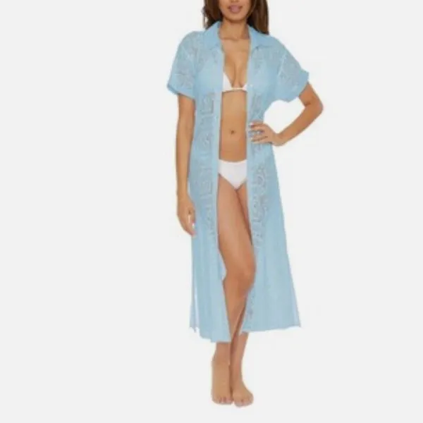 BECCA Mesh Button Down Belted Swim Cover Up Women's‎ Size M Blue Resortwear - Image 2