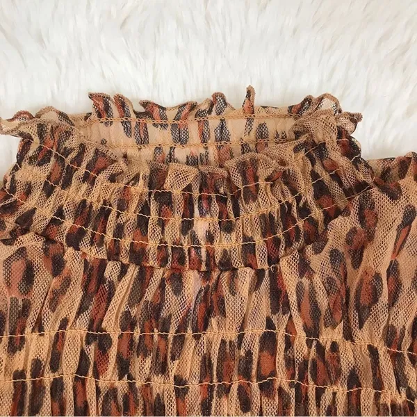FREE PEOPLE Sheer Leopard Print Smocked Long Sleeve Top Mock‎ Neck Size XS New - Image 6