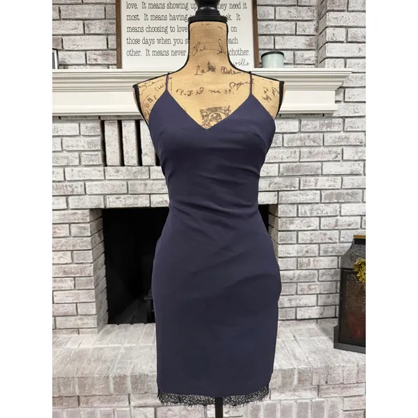 Alice &‎ Olivia Mini Slip Dress Women Size 2 Navy Blue Lace Trim Cross Back - Image 3