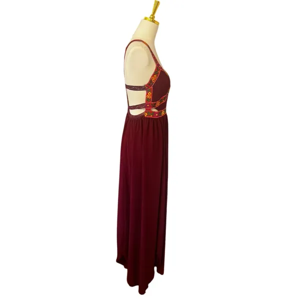 Free People Embroidered Bohemian Ribbon Lace Flower Maxi Dress Burgundy Small - Image 2
