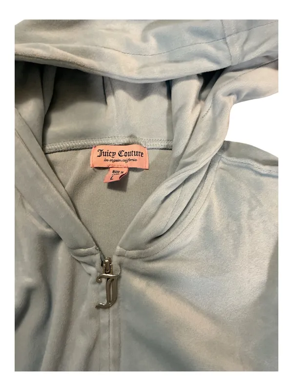 Juicy Couture Ice Blue Velour Tracksuit Set – Big Bling Rhinestone Logo Hoodie & Pants – Size L - Image 5