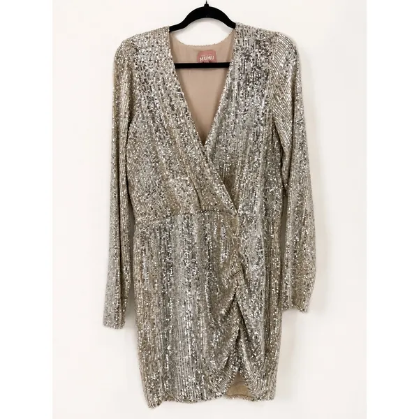 Show‎ Me Your Mumu Party Hop Dress Womens M Gold Sequin Ruched Mini Disco Glam - Image 3