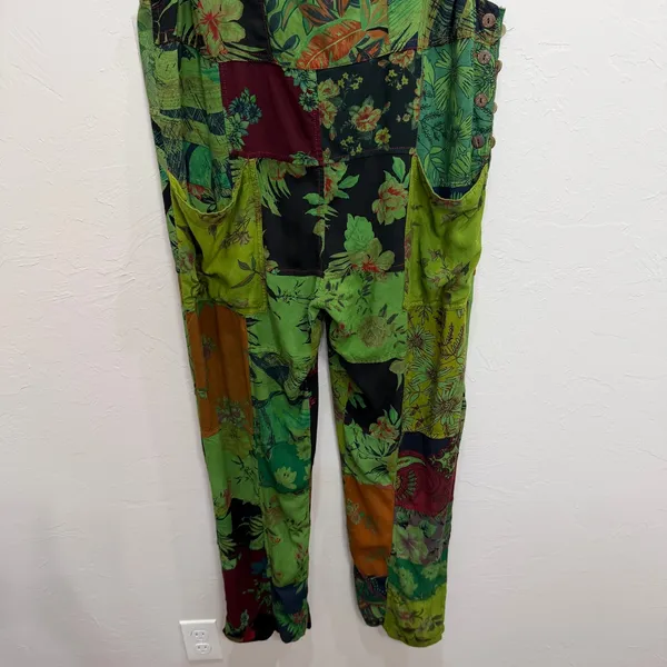 Dungarees L/XL Overalls Green Floral Patchwork Viscose Boho Hippie Stretch Artsy - Image 5