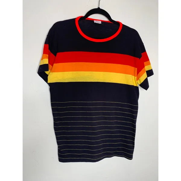 Vintage Rainbow Stripe T shirt Red Orange Yellow Black 70s Sz XL - Image 5
